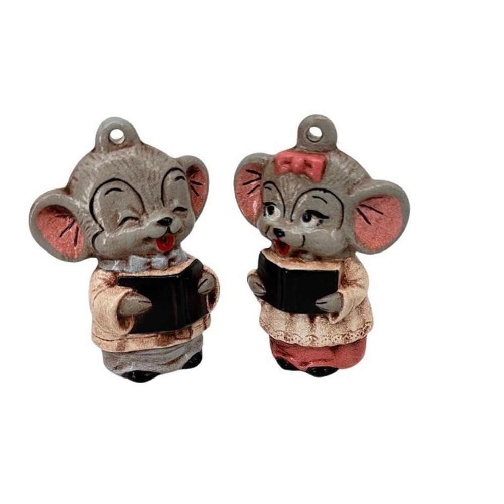 Vintage Mouse Carolers Ornaments Gray Pink Singing Mice Christmas Decor Set of 2